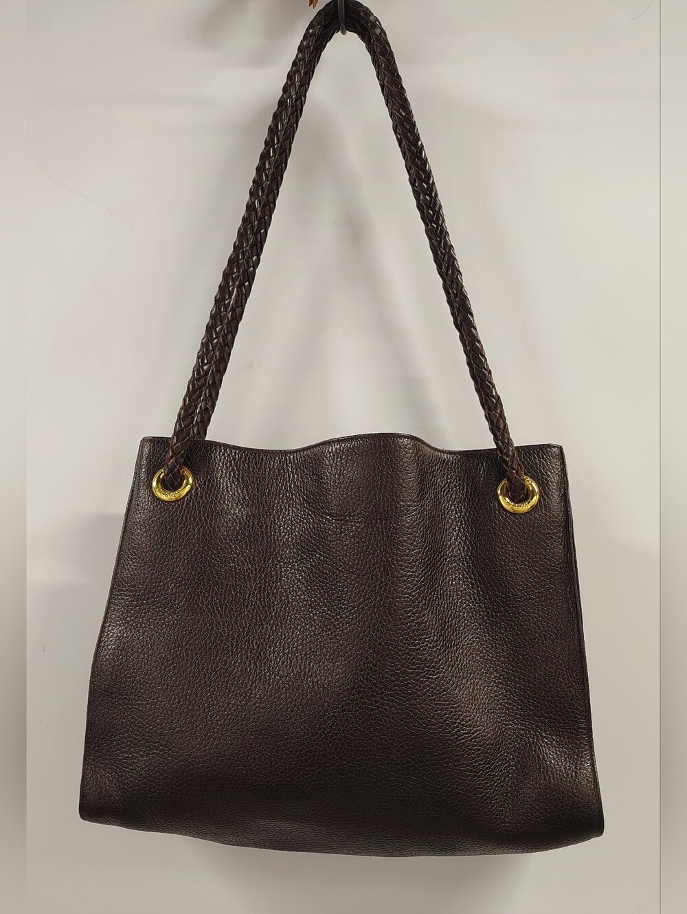 Desmo Italian Pebbled Leather Dark Brown Shoulder Tote Bag w Braided Handles